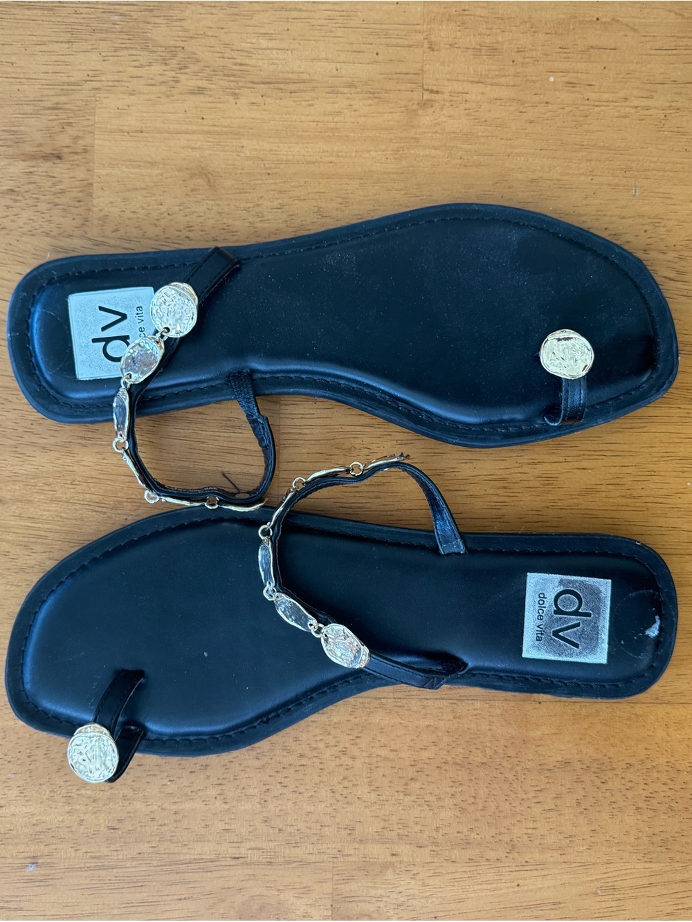 DV by Dolce Vita Black Sandal Thong with Gold Coin Accents
